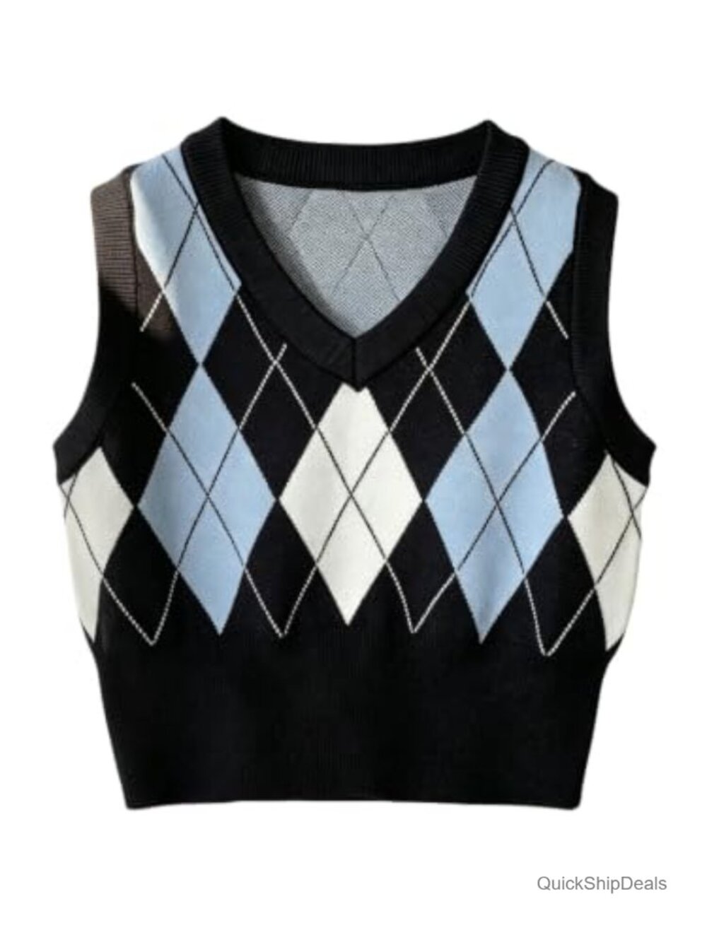 Womens Plaid Argyle V Neck Sleeveless Knit Crop Sweater Vest Top